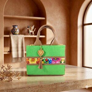 Handcrafted Mexican Tote Bag Small –Embossed Leather & Floral Jute Small Green